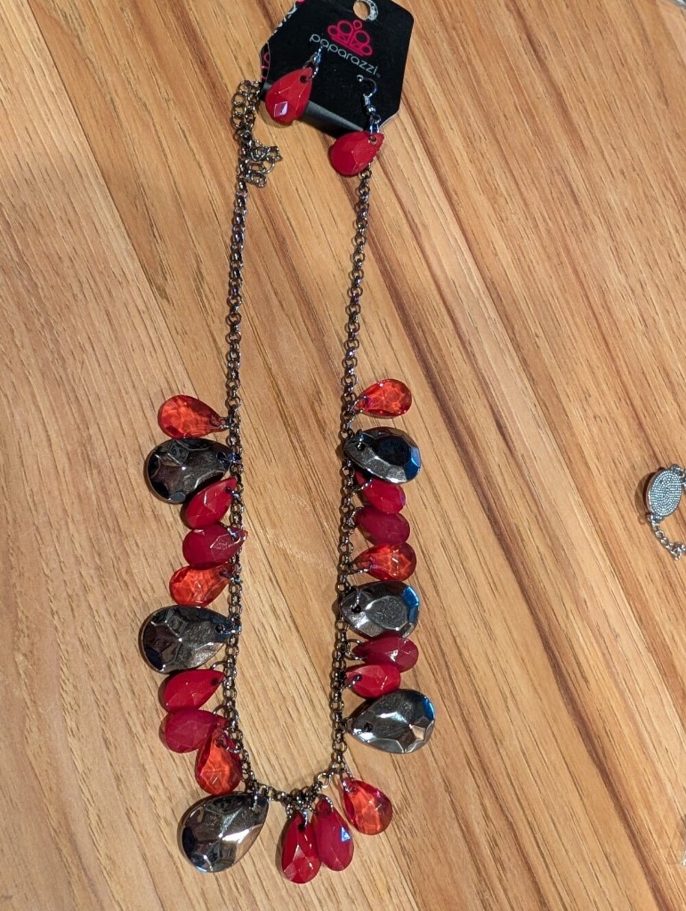 paparazzi Red and Gunmetal Teardrop Double-Strand Necklace And Earrings